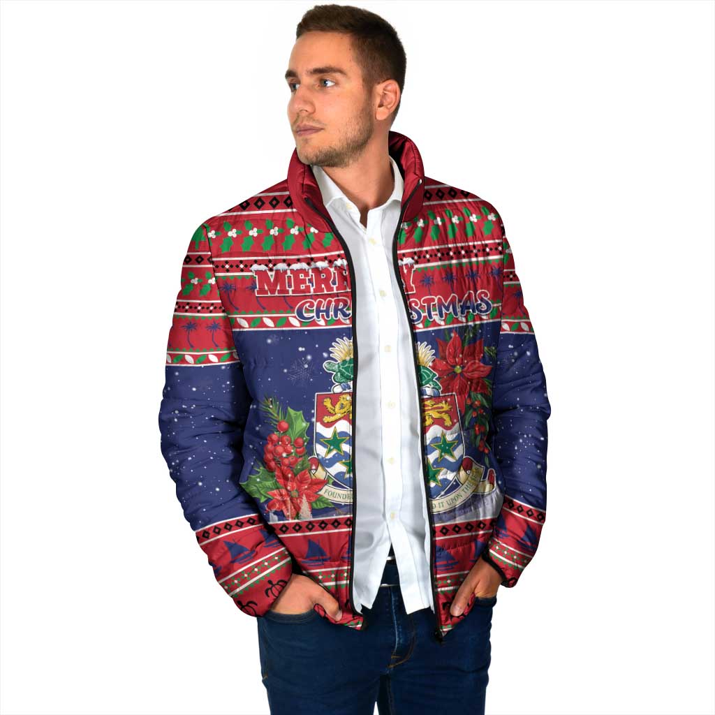 Cayman Islands Christmas Padded Jacket Coat Of Arms With Poinsettia - Wonder Print Shop