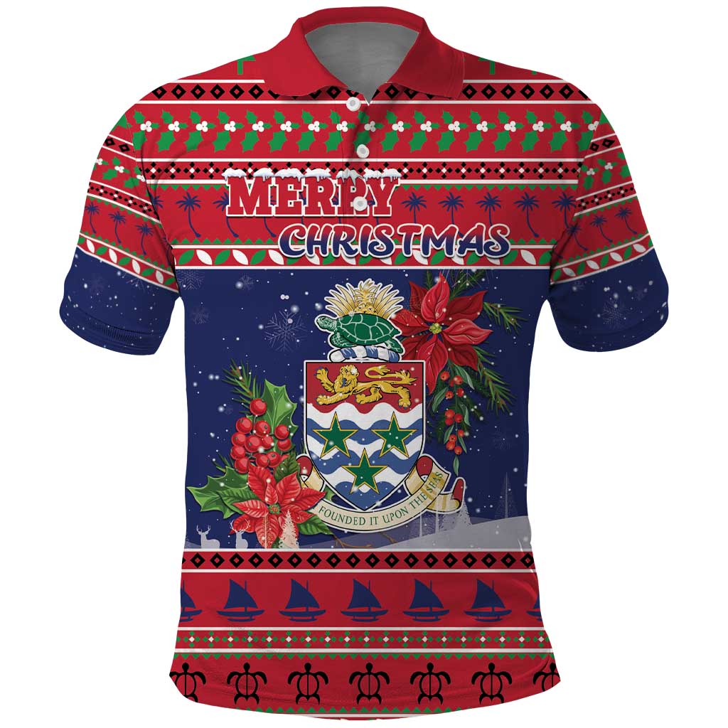 Cayman Islands Christmas Polo Shirt Coat Of Arms With Poinsettia - Wonder Print Shop
