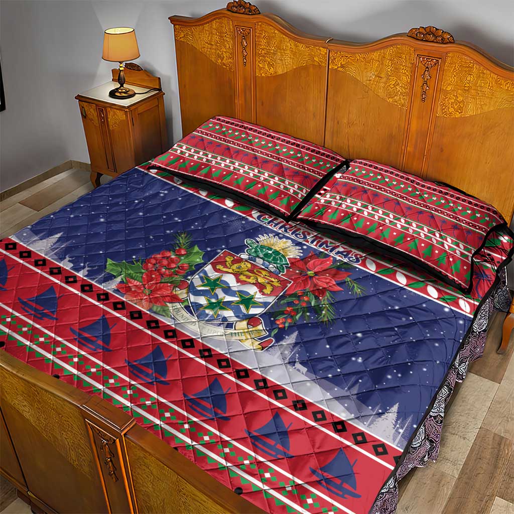 Cayman Islands Christmas Quilt Bed Set Coat Of Arms With Poinsettia - Wonder Print Shop