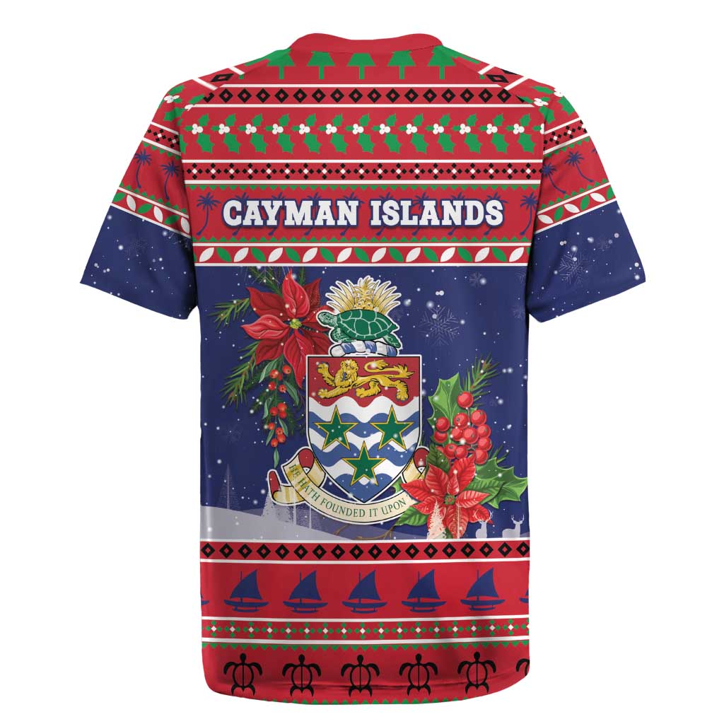 Cayman Islands Christmas Rugby Jersey Coat Of Arms With Poinsettia - Wonder Print Shop