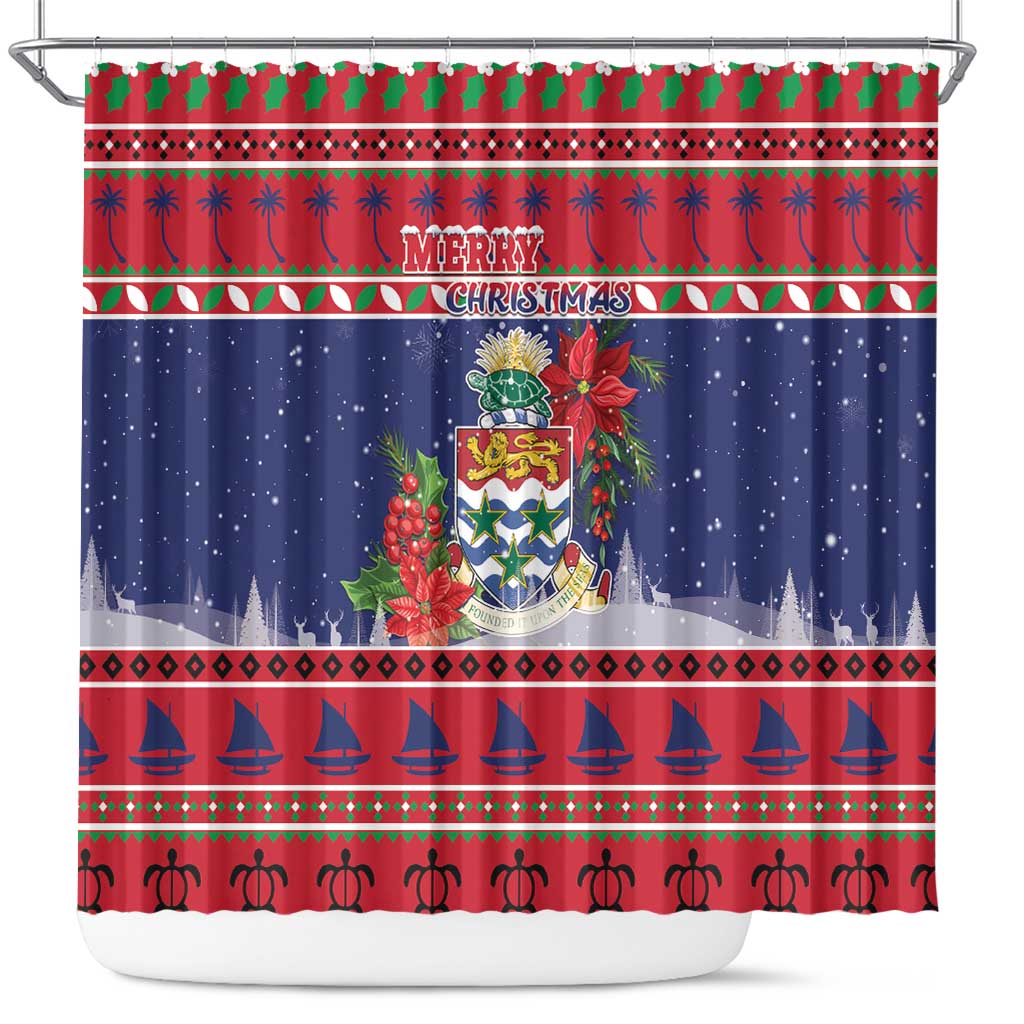 Cayman Islands Christmas Shower Curtain Coat Of Arms With Poinsettia - Wonder Print Shop