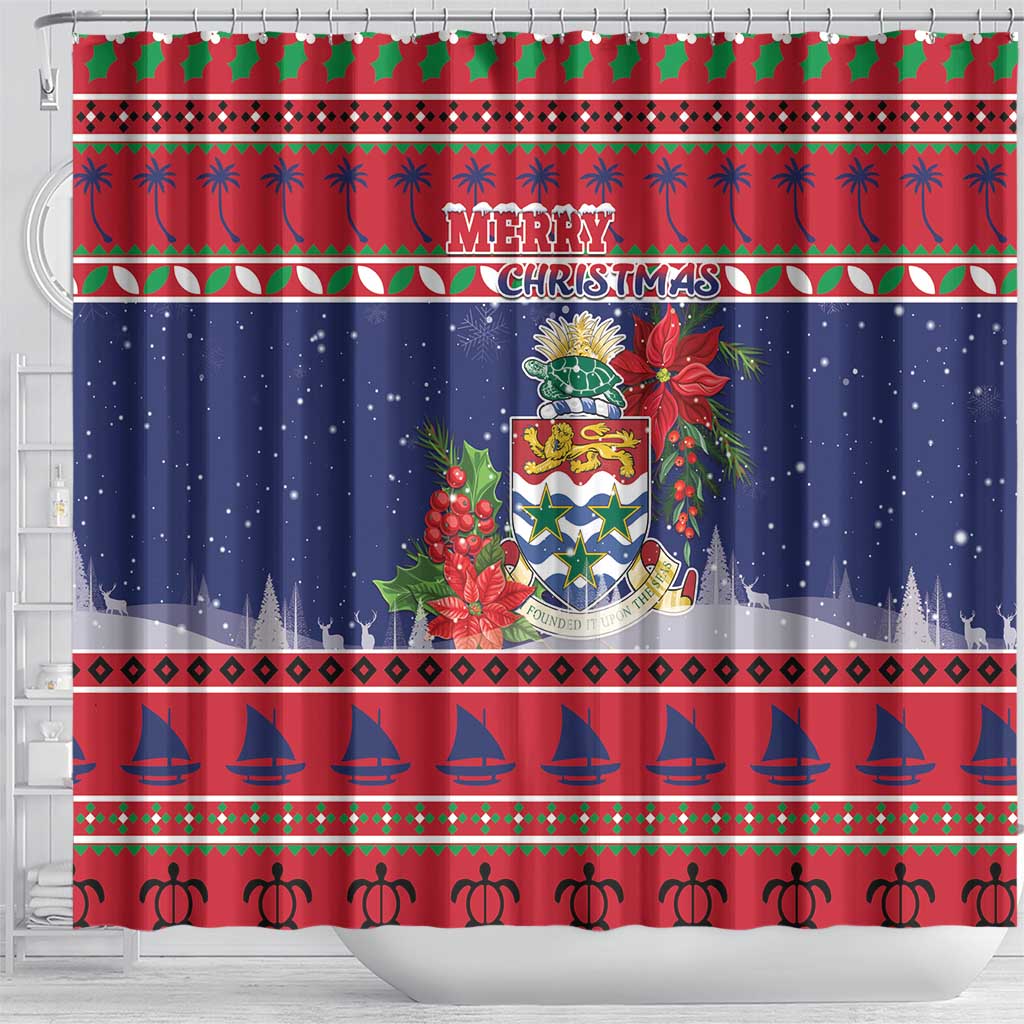 Cayman Islands Christmas Shower Curtain Coat Of Arms With Poinsettia - Wonder Print Shop