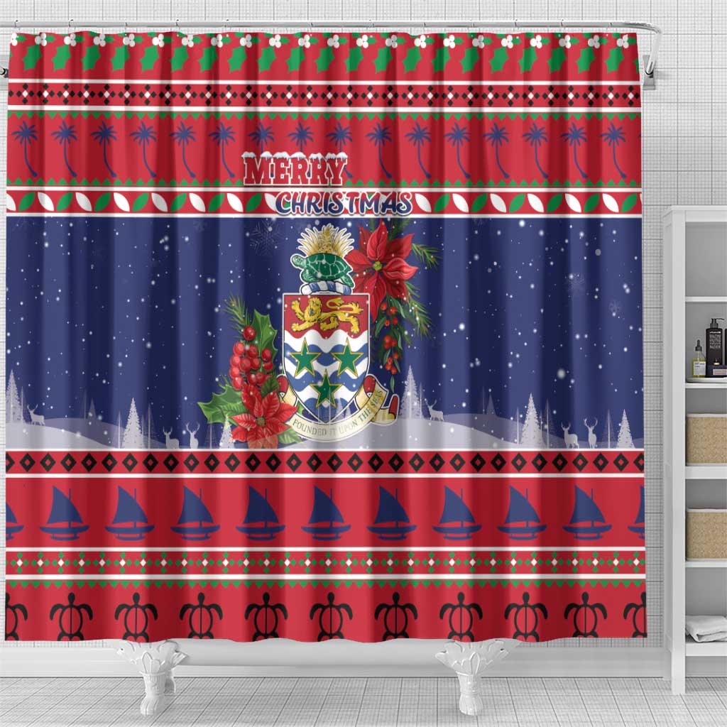 Cayman Islands Christmas Shower Curtain Coat Of Arms With Poinsettia - Wonder Print Shop
