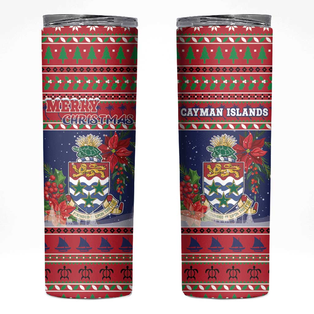 Cayman Islands Christmas Skinny Tumbler Coat Of Arms With Poinsettia - Wonder Print Shop