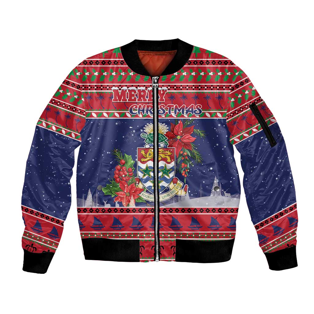 Cayman Islands Christmas Sleeve Zip Bomber Jacket Coat Of Arms With Poinsettia - Wonder Print Shop