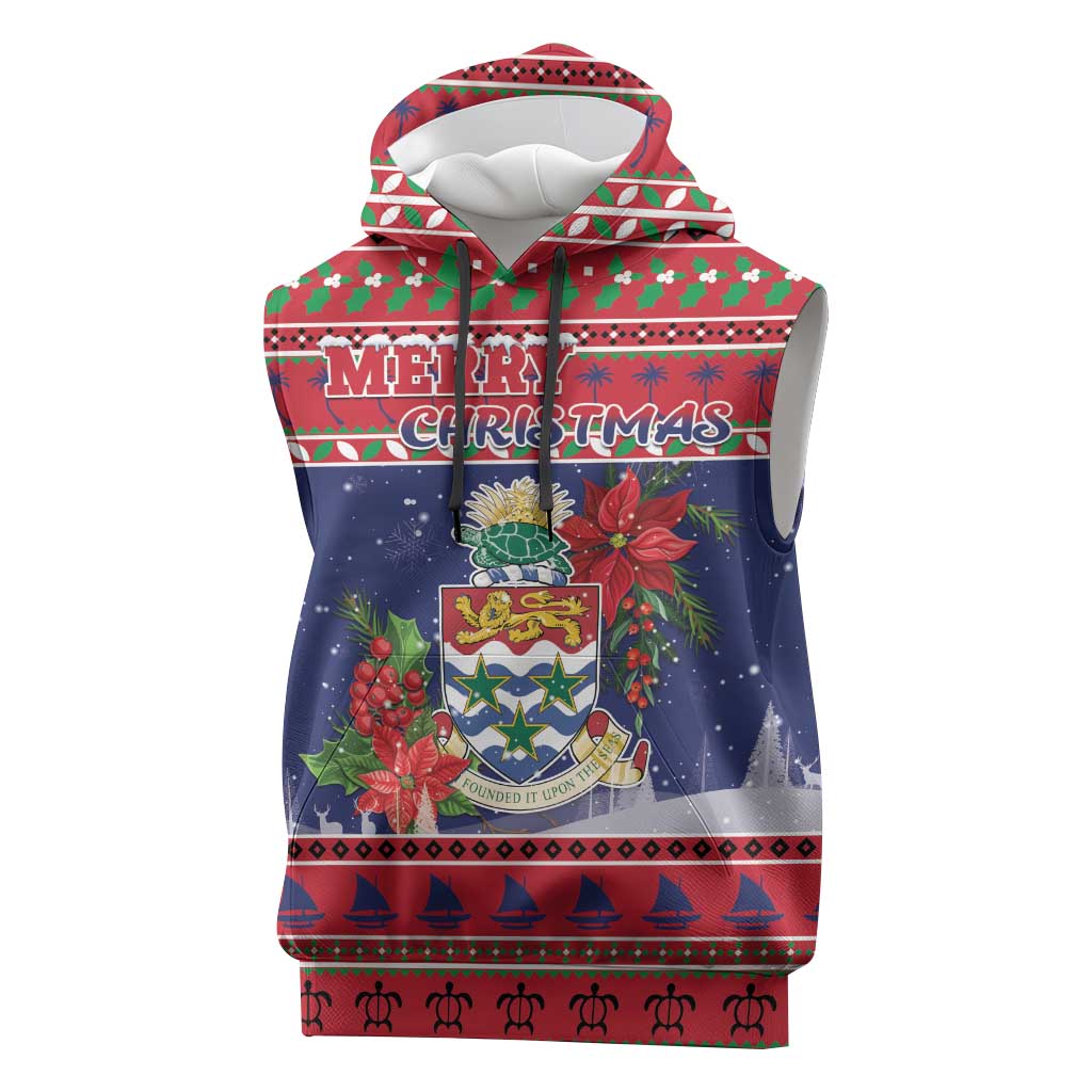 Cayman Islands Christmas Sleeveless Hoodie Coat Of Arms With Poinsettia - Wonder Print Shop