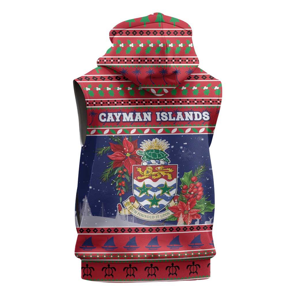 Cayman Islands Christmas Sleeveless Hoodie Coat Of Arms With Poinsettia - Wonder Print Shop