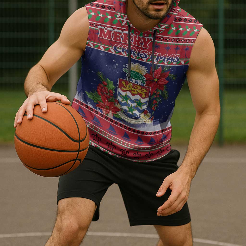 Cayman Islands Christmas Sleeveless Hoodie Coat Of Arms With Poinsettia - Wonder Print Shop