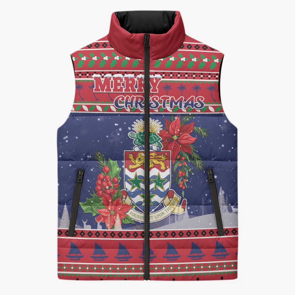 Cayman Islands Christmas Sleeveless Puffer Jacket Coat Of Arms With Poinsettia - Wonder Print Shop