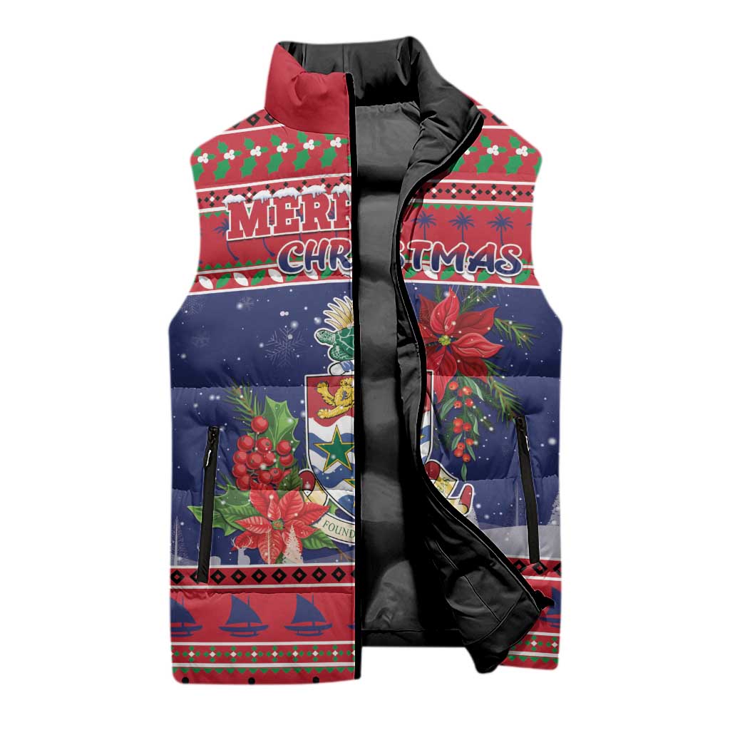 Cayman Islands Christmas Sleeveless Puffer Jacket Coat Of Arms With Poinsettia - Wonder Print Shop