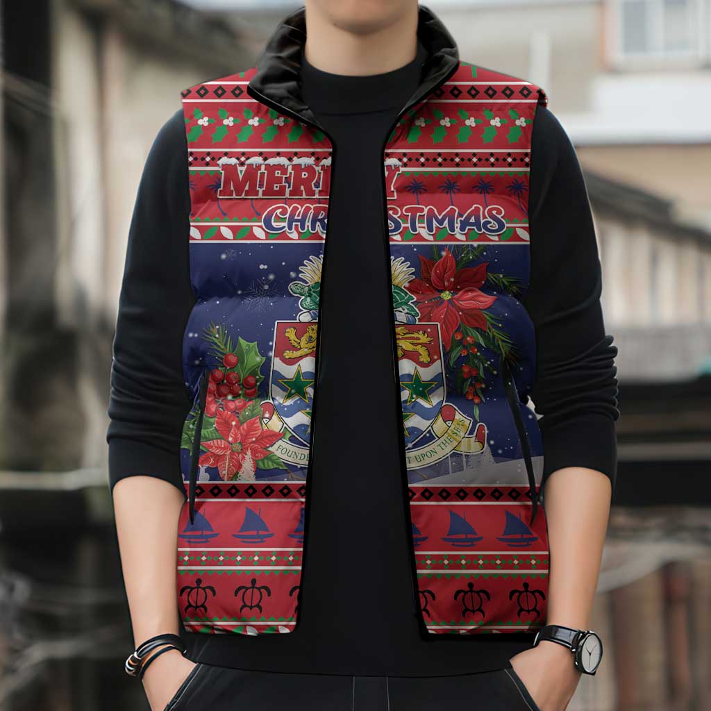 Cayman Islands Christmas Sleeveless Puffer Jacket Coat Of Arms With Poinsettia - Wonder Print Shop