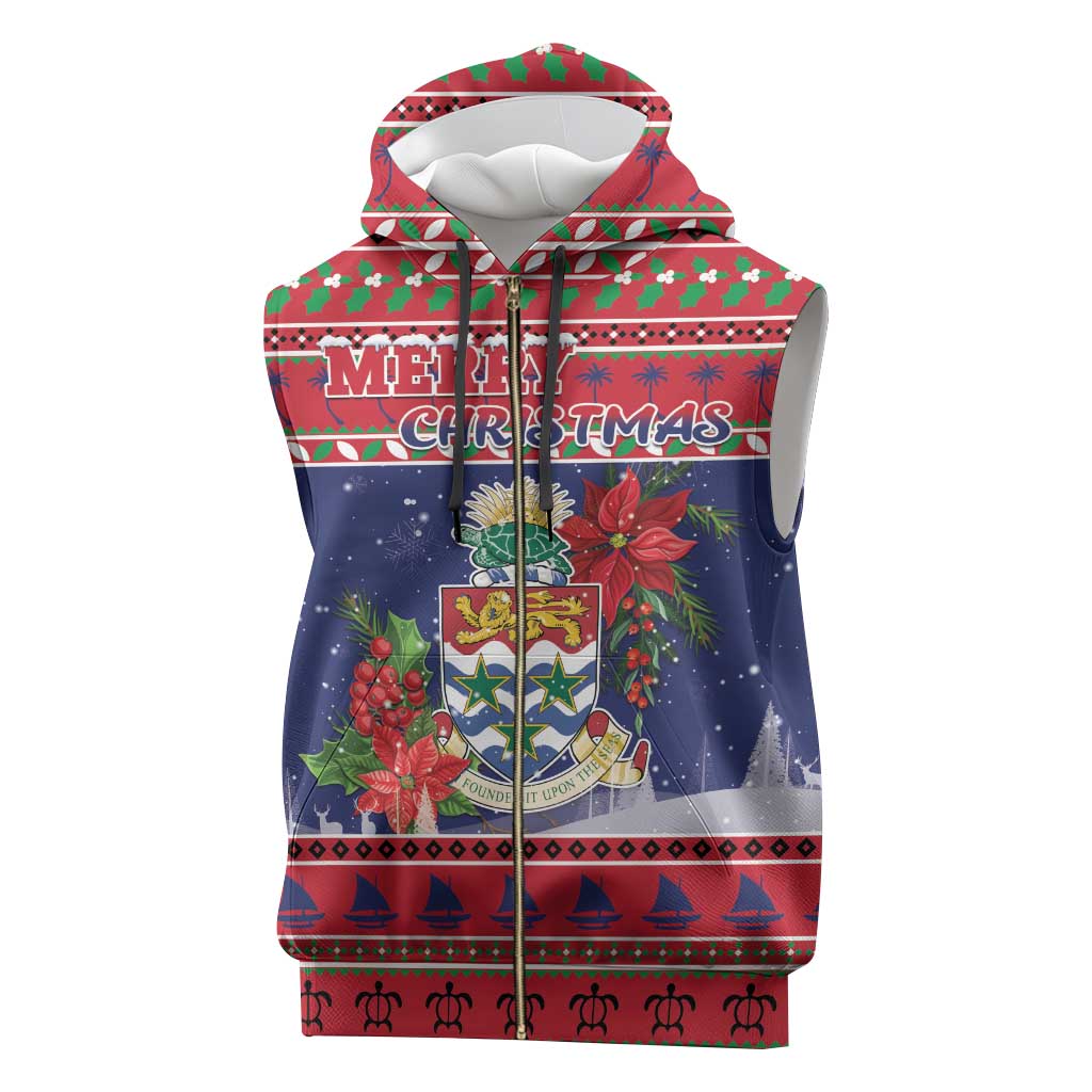 Cayman Islands Christmas Sleeveless Zip Hoodie Coat Of Arms With Poinsettia - Wonder Print Shop