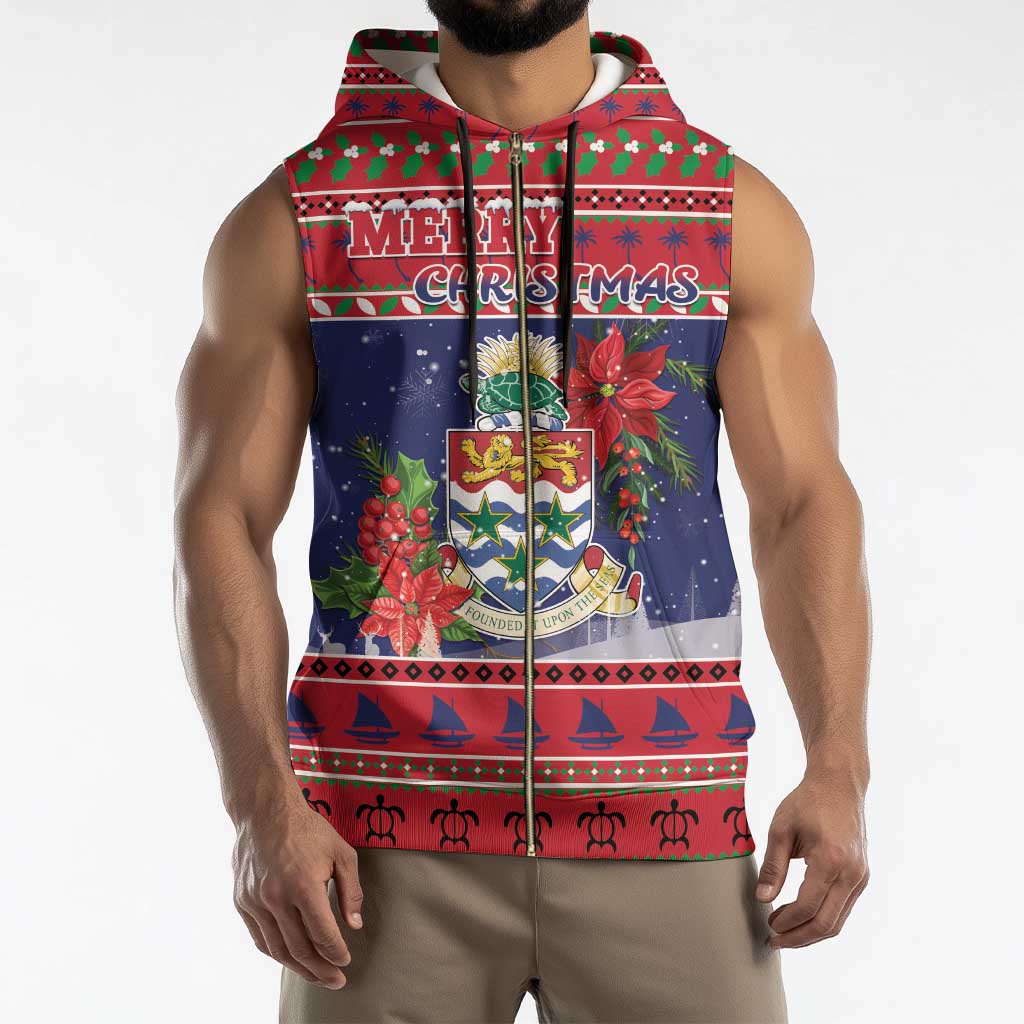 Cayman Islands Christmas Sleeveless Zip Hoodie Coat Of Arms With Poinsettia - Wonder Print Shop