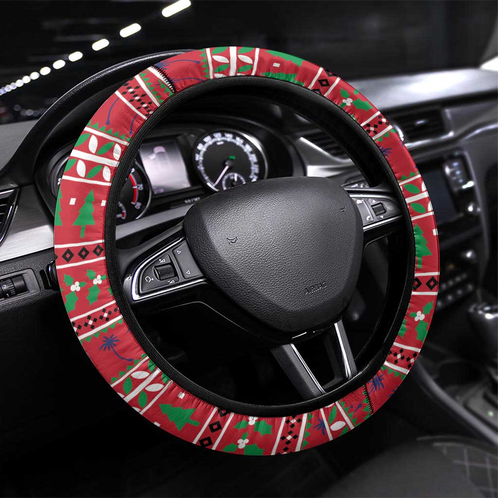 Cayman Islands Christmas Steering Wheel Cover Coat Of Arms With Poinsettia - Wonder Print Shop