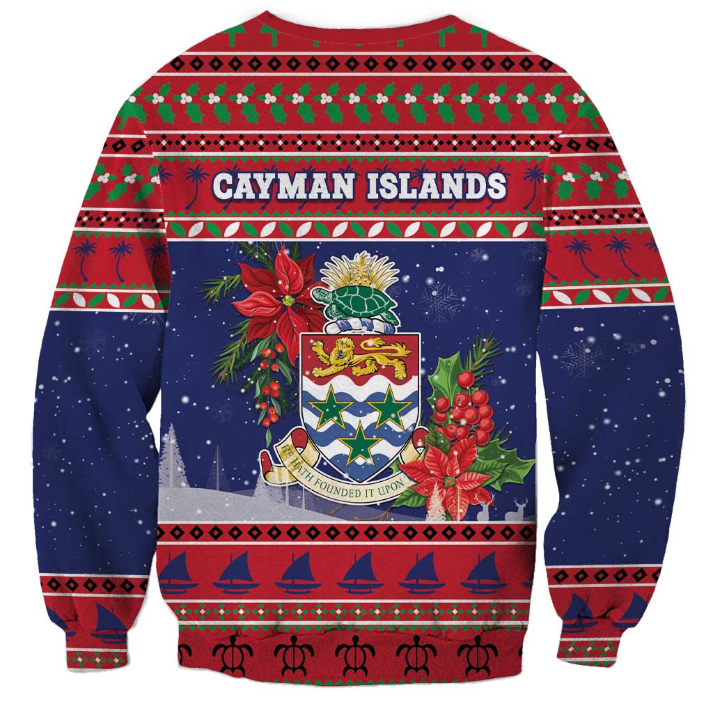 Cayman Islands Christmas Sweatshirt Coat Of Arms With Poinsettia - Wonder Print Shop