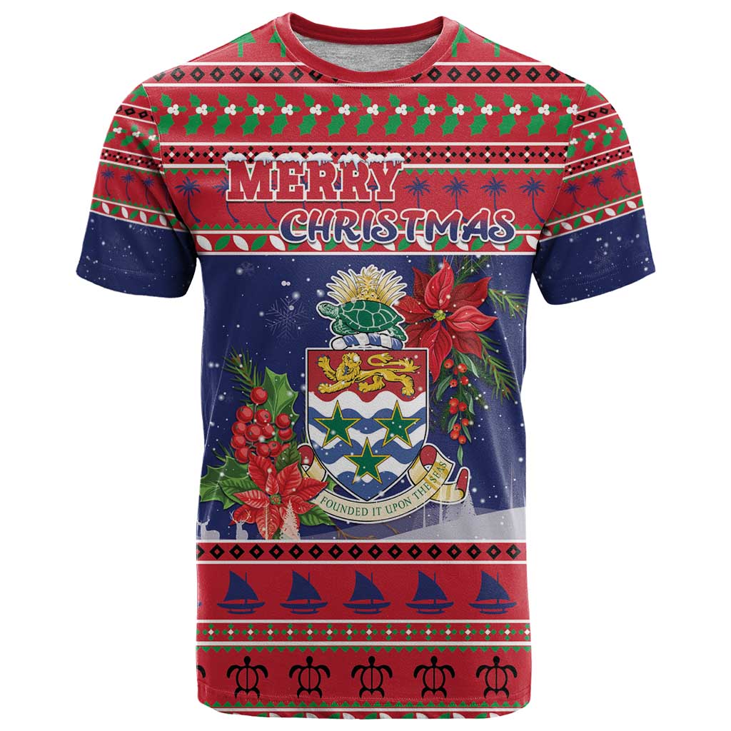 Cayman Islands Christmas T Shirt Coat Of Arms With Poinsettia - Wonder Print Shop