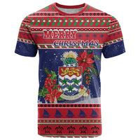 Cayman Islands Christmas T Shirt Coat Of Arms With Poinsettia - Wonder Print Shop