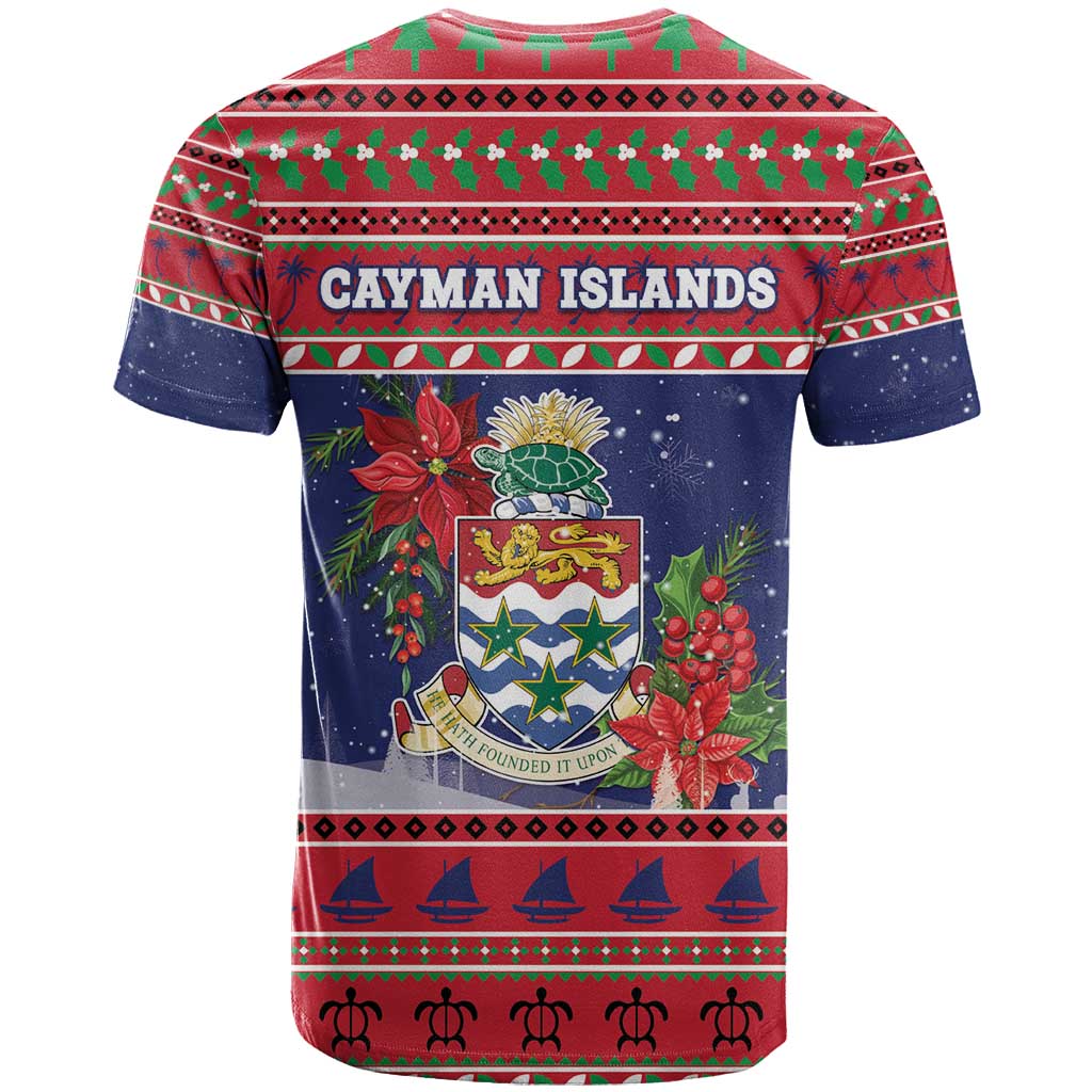 Cayman Islands Christmas T Shirt Coat Of Arms With Poinsettia - Wonder Print Shop