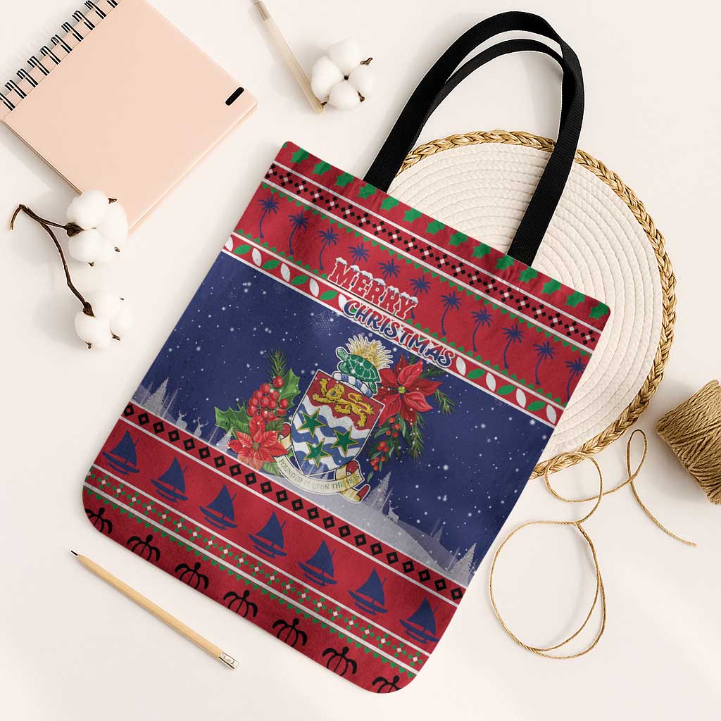 Cayman Islands Christmas Tote Bag Coat Of Arms With Poinsettia - Wonder Print Shop