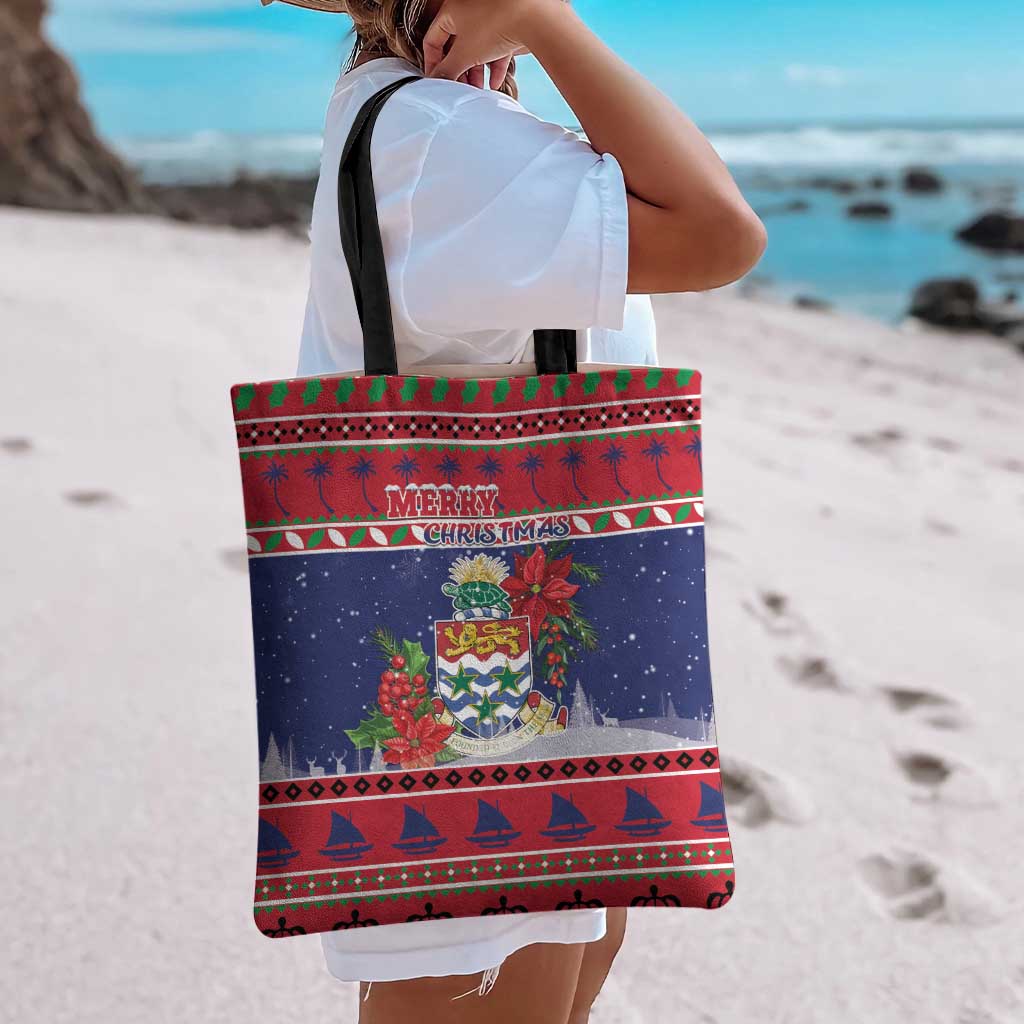 Cayman Islands Christmas Tote Bag Coat Of Arms With Poinsettia - Wonder Print Shop