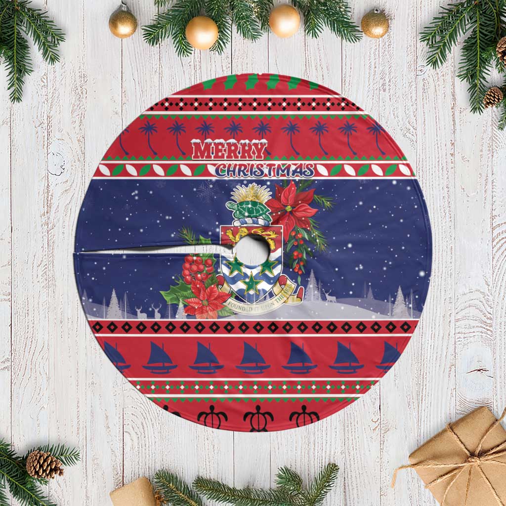 Cayman Islands Christmas Tree Skirt Coat Of Arms With Poinsettia - Wonder Print Shop