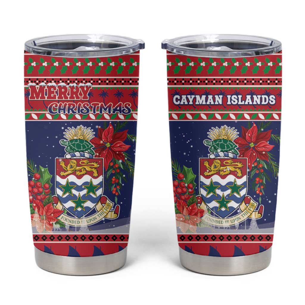 Cayman Islands Christmas Tumbler Cup Coat Of Arms With Poinsettia - Wonder Print Shop