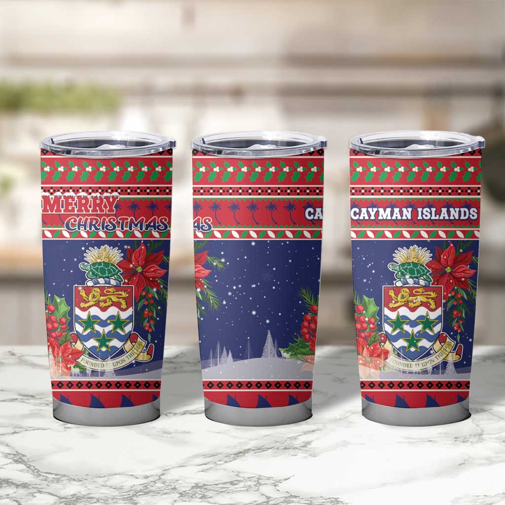 Cayman Islands Christmas Tumbler Cup Coat Of Arms With Poinsettia - Wonder Print Shop