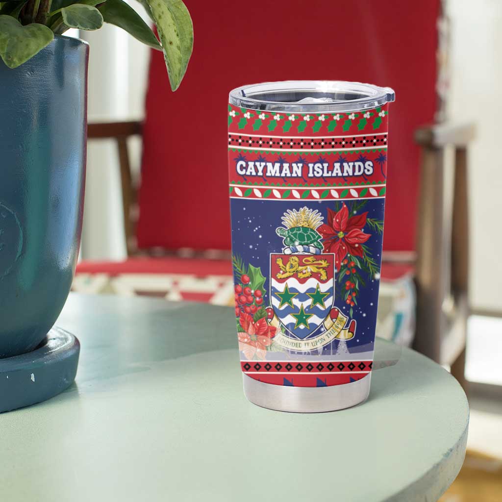 Cayman Islands Christmas Tumbler Cup Coat Of Arms With Poinsettia - Wonder Print Shop