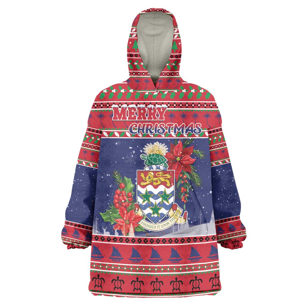 Cayman Islands Christmas Wearable Blanket Hoodie Coat Of Arms With Poinsettia - Wonder Print Shop