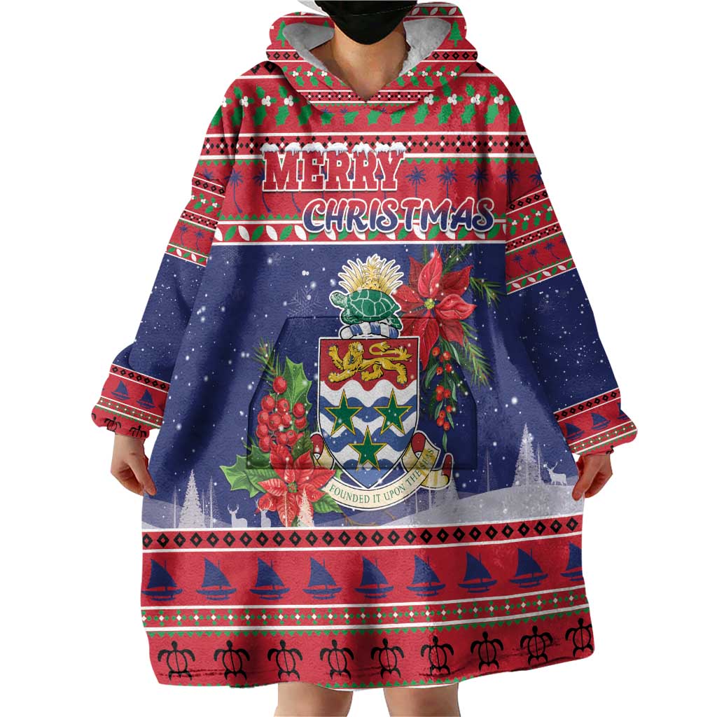 Cayman Islands Christmas Wearable Blanket Hoodie Coat Of Arms With Poinsettia - Wonder Print Shop