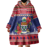 Cayman Islands Christmas Wearable Blanket Hoodie Coat Of Arms With Poinsettia - Wonder Print Shop