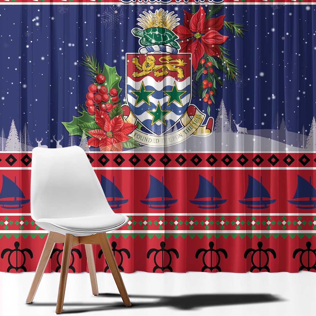 Cayman Islands Christmas Window Curtain Coat Of Arms With Poinsettia - Wonder Print Shop
