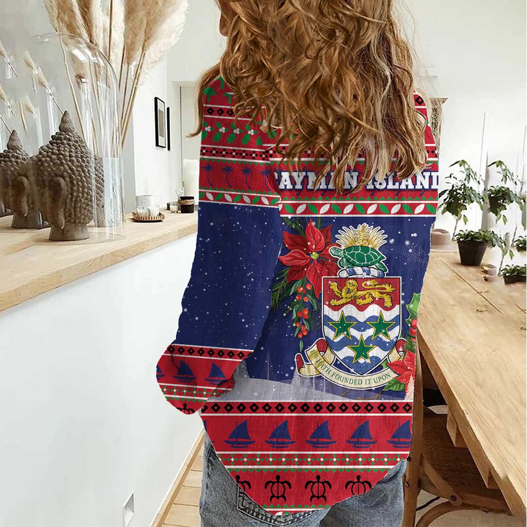 Cayman Islands Christmas Women Casual Shirt Coat Of Arms With Poinsettia - Wonder Print Shop