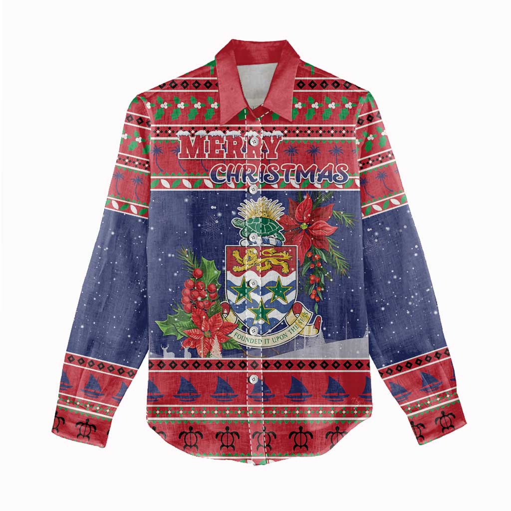 Cayman Islands Christmas Women Casual Shirt Coat Of Arms With Poinsettia - Wonder Print Shop