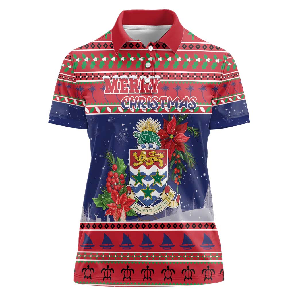 Cayman Islands Christmas Women Polo Shirt Coat Of Arms With Poinsettia - Wonder Print Shop