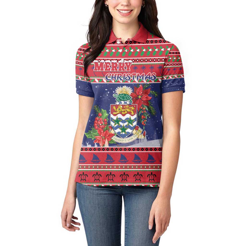 Cayman Islands Christmas Women Polo Shirt Coat Of Arms With Poinsettia - Wonder Print Shop