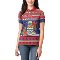 Cayman Islands Christmas Women Polo Shirt Coat Of Arms With Poinsettia - Wonder Print Shop