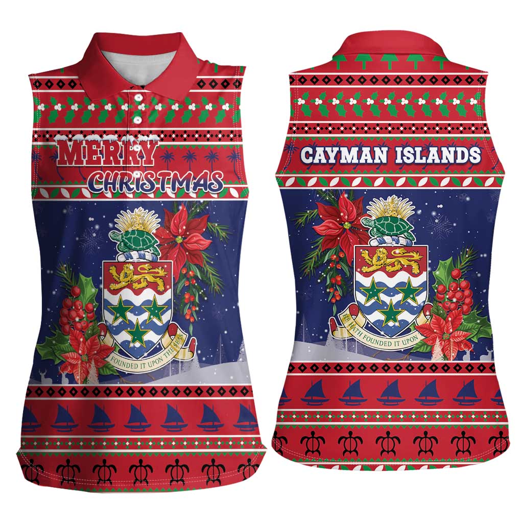 Cayman Islands Christmas Women Sleeveless Polo Shirt Coat Of Arms With Poinsettia - Wonder Print Shop