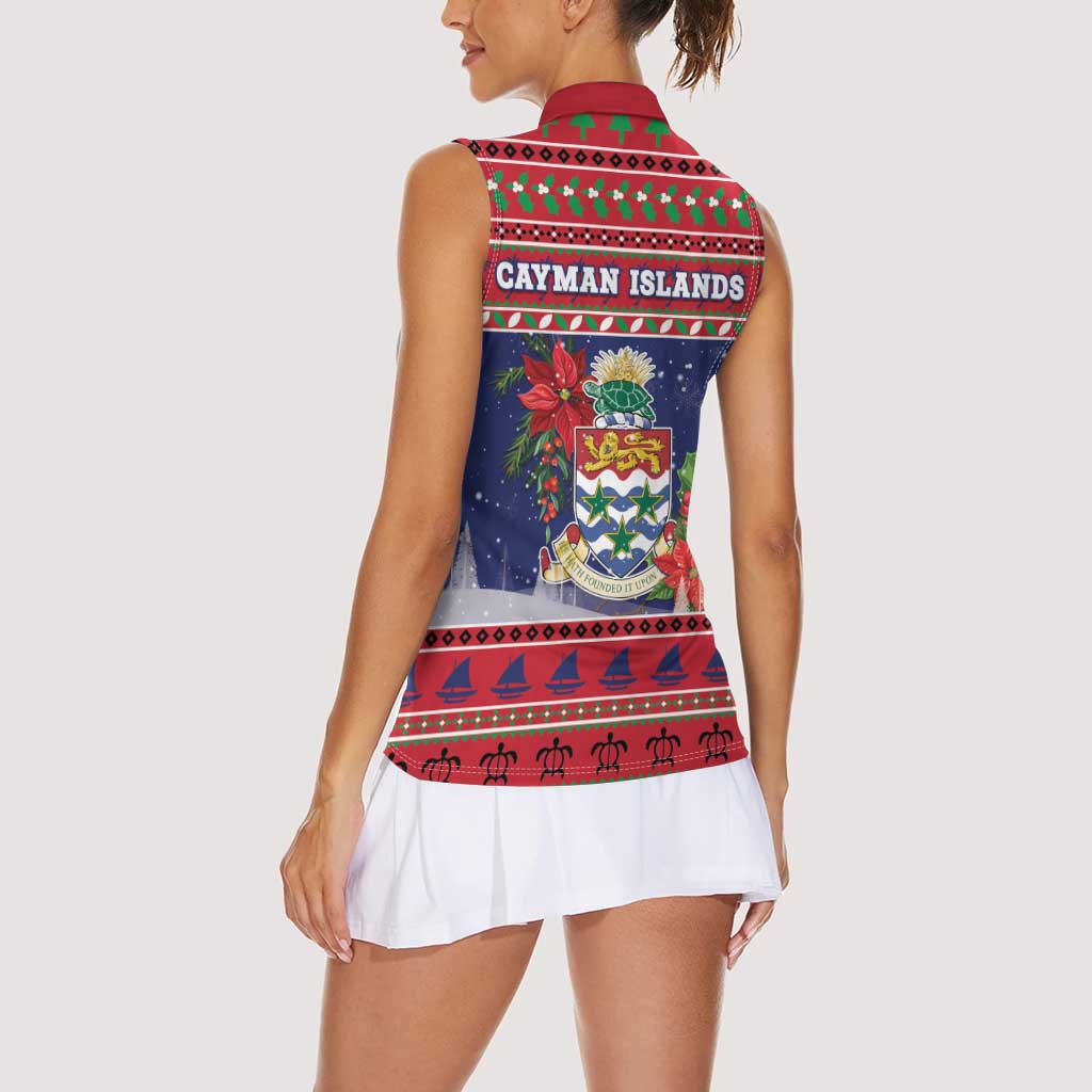 Cayman Islands Christmas Women Sleeveless Polo Shirt Coat Of Arms With Poinsettia - Wonder Print Shop