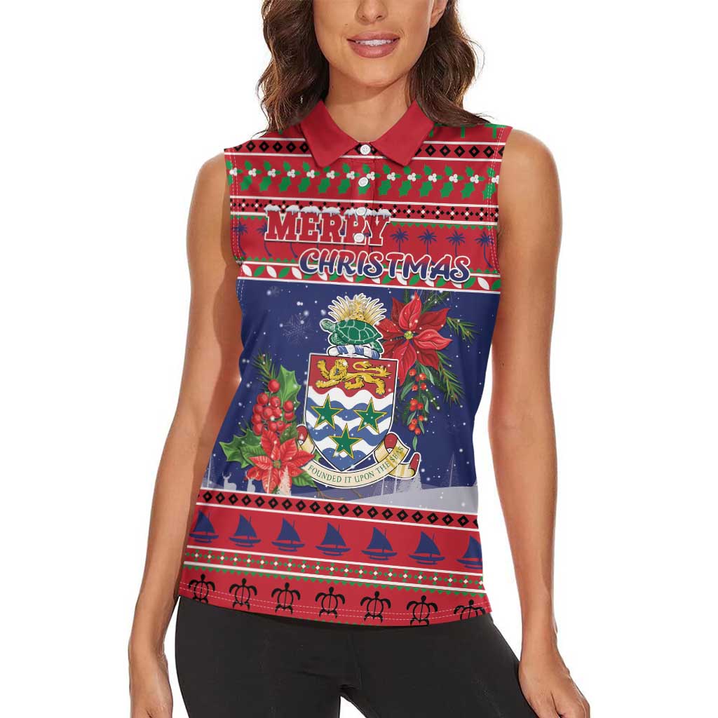 Cayman Islands Christmas Women Sleeveless Polo Shirt Coat Of Arms With Poinsettia - Wonder Print Shop