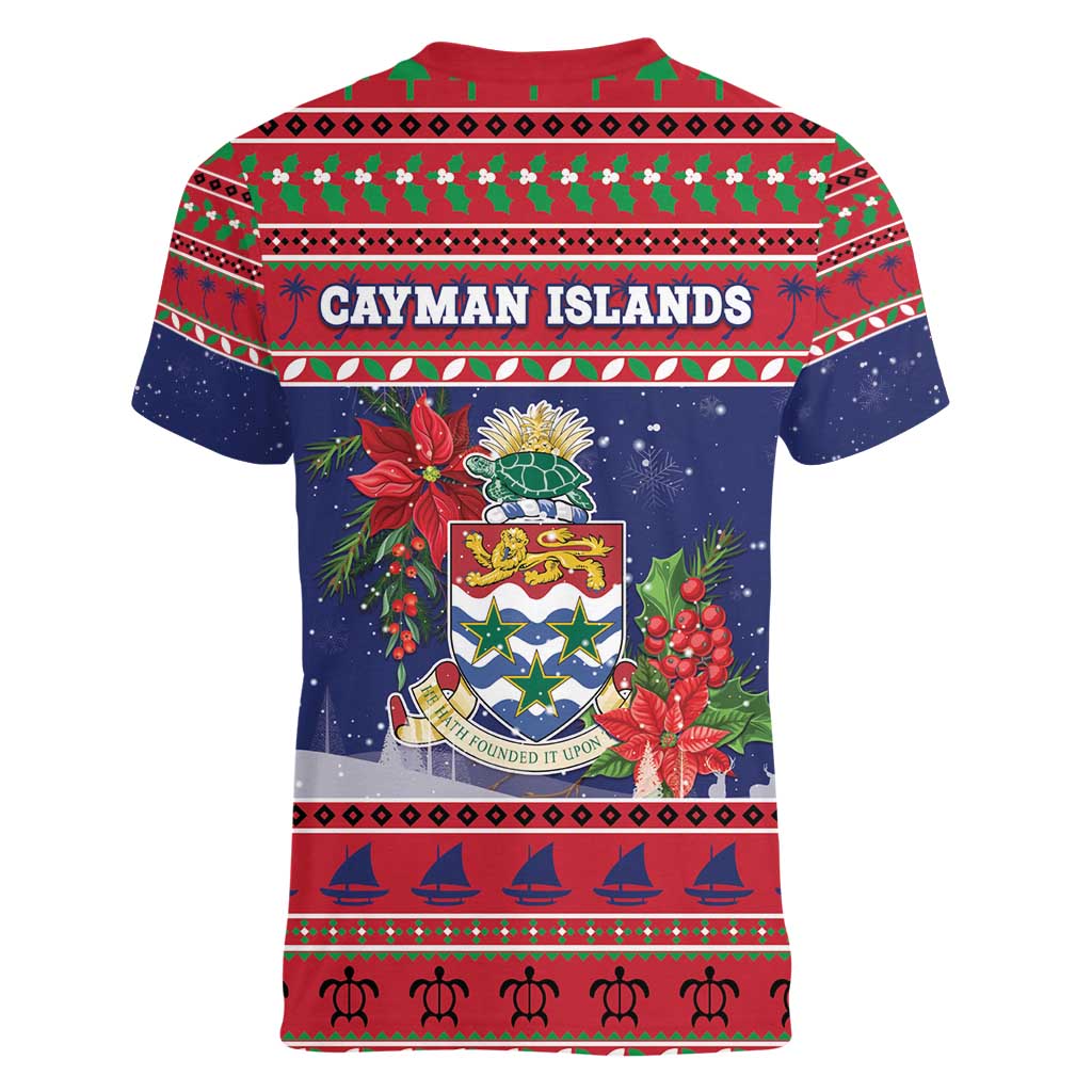 Cayman Islands Christmas Women V-Neck T-Shirt Coat Of Arms With Poinsettia - Wonder Print Shop