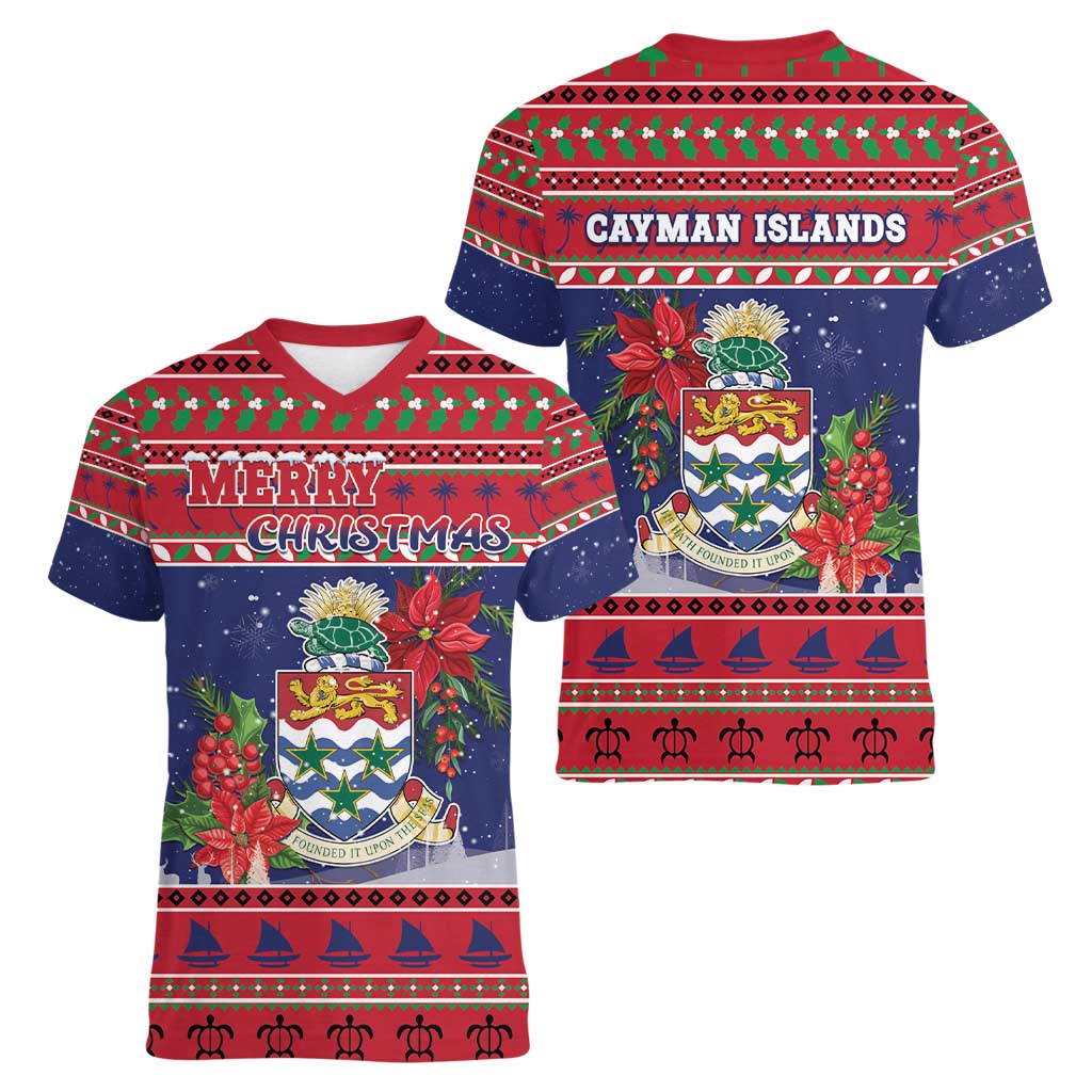 Cayman Islands Christmas Women V-Neck T-Shirt Coat Of Arms With Poinsettia - Wonder Print Shop
