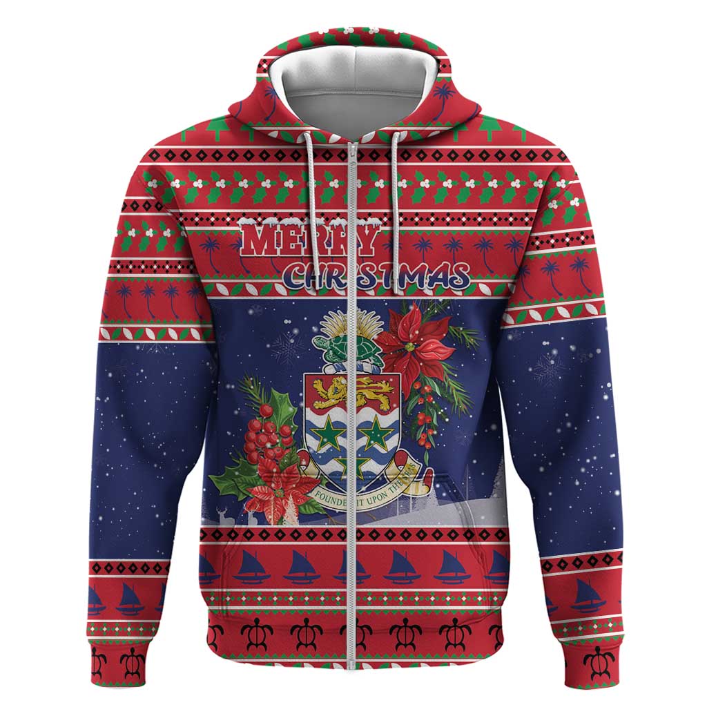 Cayman Islands Christmas Zip Hoodie Coat Of Arms With Poinsettia - Wonder Print Shop