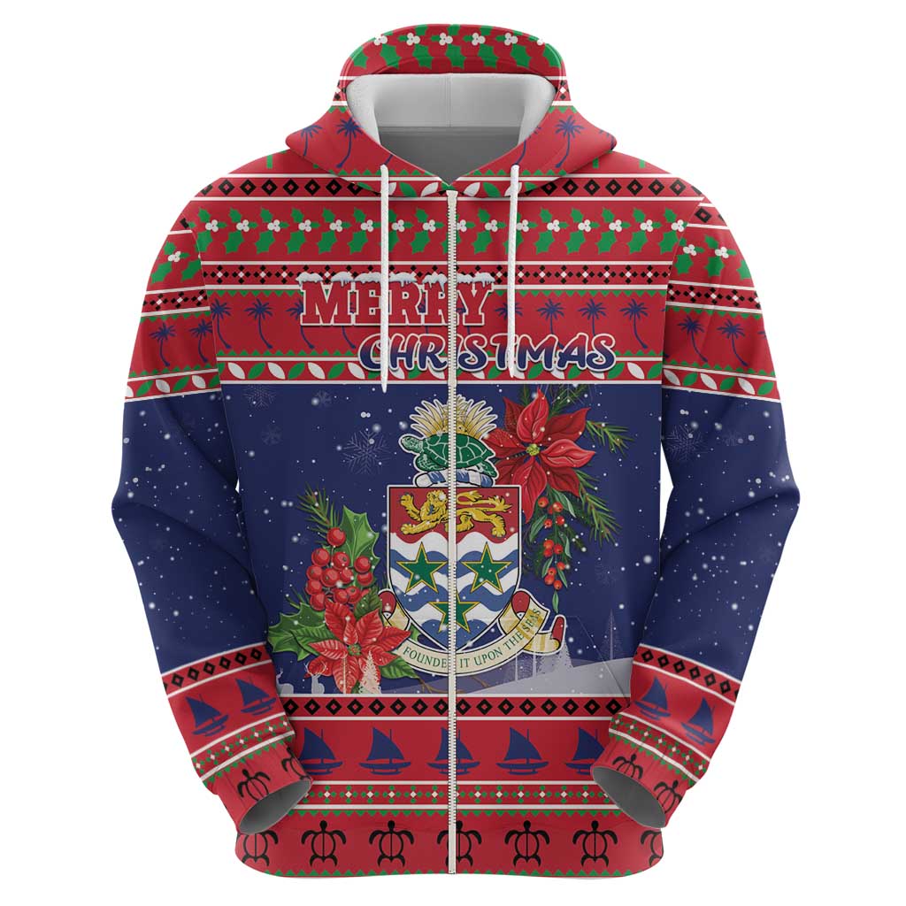 Cayman Islands Christmas Zip Hoodie Coat Of Arms With Poinsettia - Wonder Print Shop