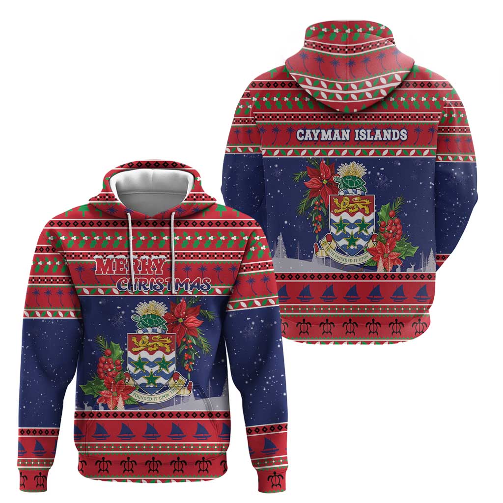 Cayman Islands Christmas Zip Hoodie Coat Of Arms With Poinsettia - Wonder Print Shop