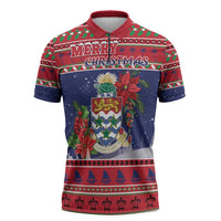 Cayman Islands Christmas Zipper Polo Shirt Coat Of Arms With Poinsettia - Wonder Print Shop