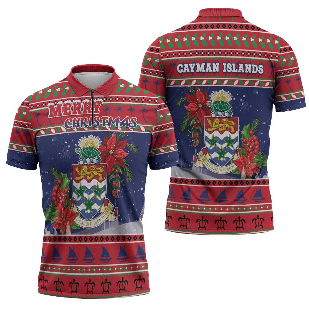 Cayman Islands Christmas Zipper Polo Shirt Coat Of Arms With Poinsettia - Wonder Print Shop