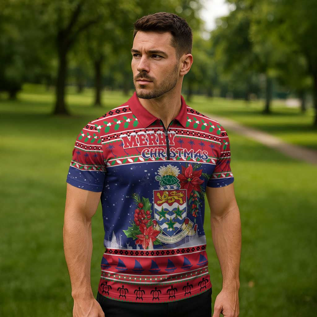 Cayman Islands Christmas Zipper Polo Shirt Coat Of Arms With Poinsettia - Wonder Print Shop