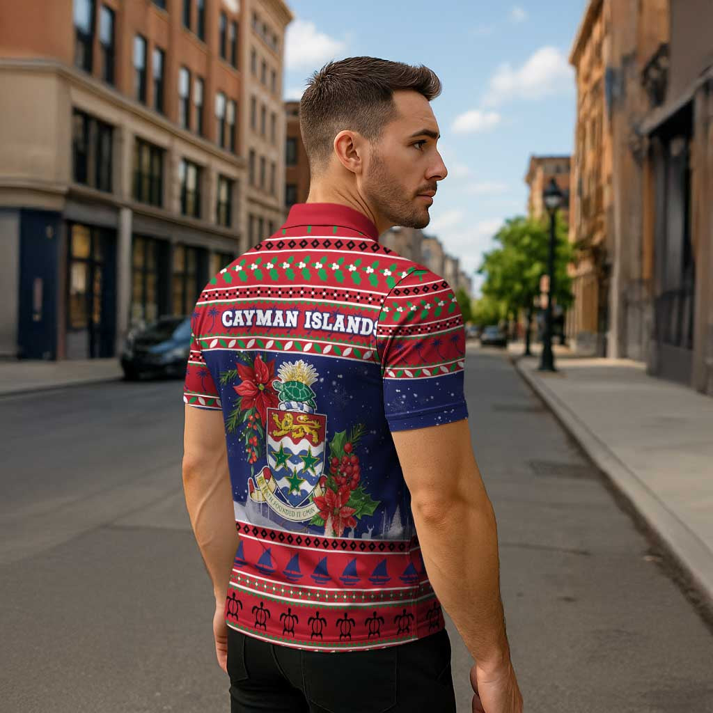 Cayman Islands Christmas Zipper Polo Shirt Coat Of Arms With Poinsettia - Wonder Print Shop
