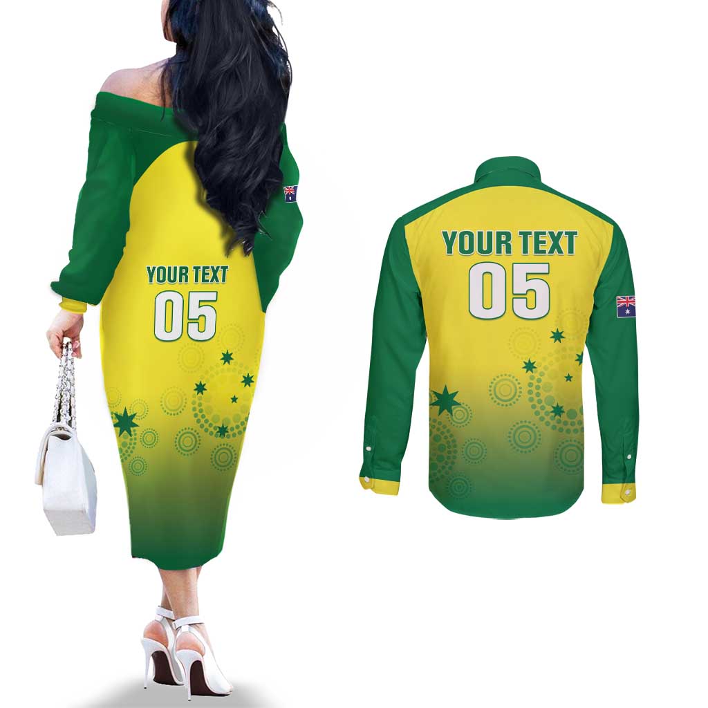 Custom Australia Cricket Couples Matching Off The Shoulder Long Sleeve Dress and Long Sleeve Button Shirt Go Champions Aussies